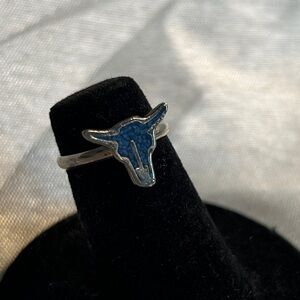 Silver Bull Head Ring with Blue Enamel